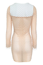 Beige O Neck Full Sleeves Mesh Mini Bandage Dress - IULOVER