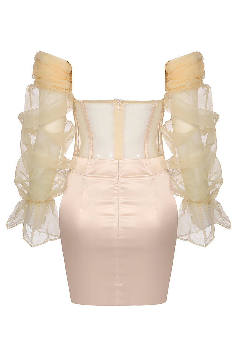 White Beige Off Shoulder Long Flare Sleeve Mesh Mini Dress – IULOVER