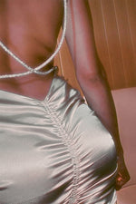 Beige Strappy Crystal Cross Ruffled  Mini Dress - IULOVER