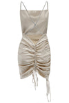 Beige Strappy Crystal Cross Ruffled  Mini Dress - IULOVER