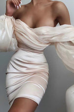 Beige Sweetheart Neckline Lantern Sleeve Bodycon Dress - IULOVER