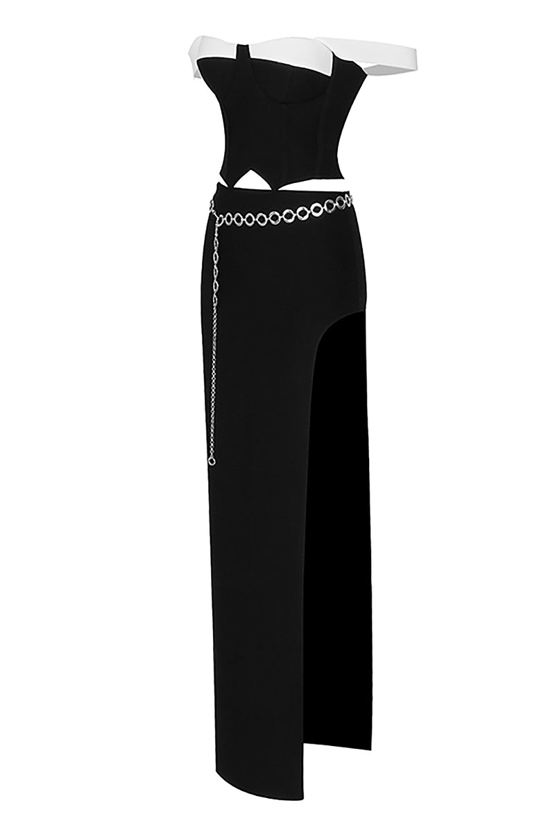 Black Bandage Off Shoulder Crop Top High Waist Split Long Skirt Two Piece Set