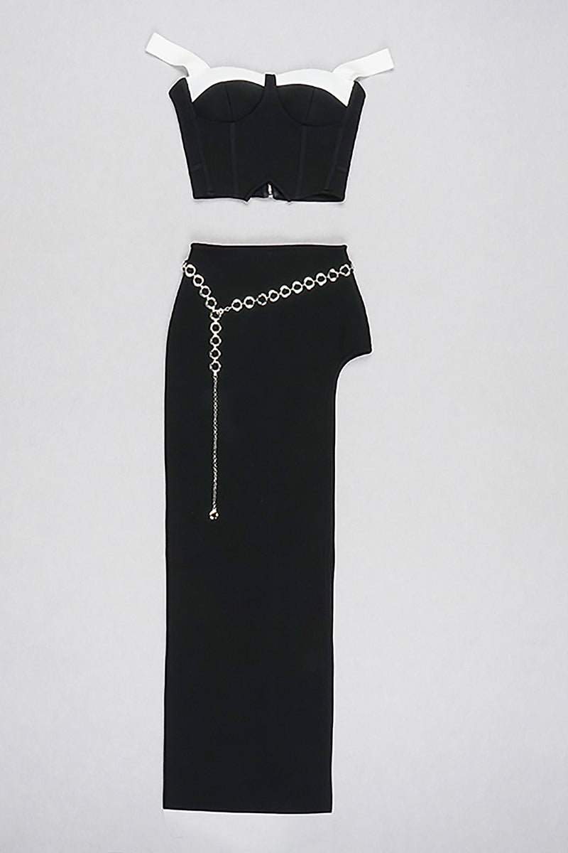 Conjunto de dos piezas con falda larga dividida y cintura alta con top corto con hombros descubiertos y vendaje negro