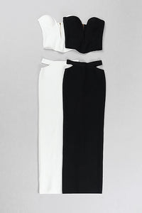 Top curto sem alças de cintura alta saia longa bandagem de duas peças definida em preto e branco