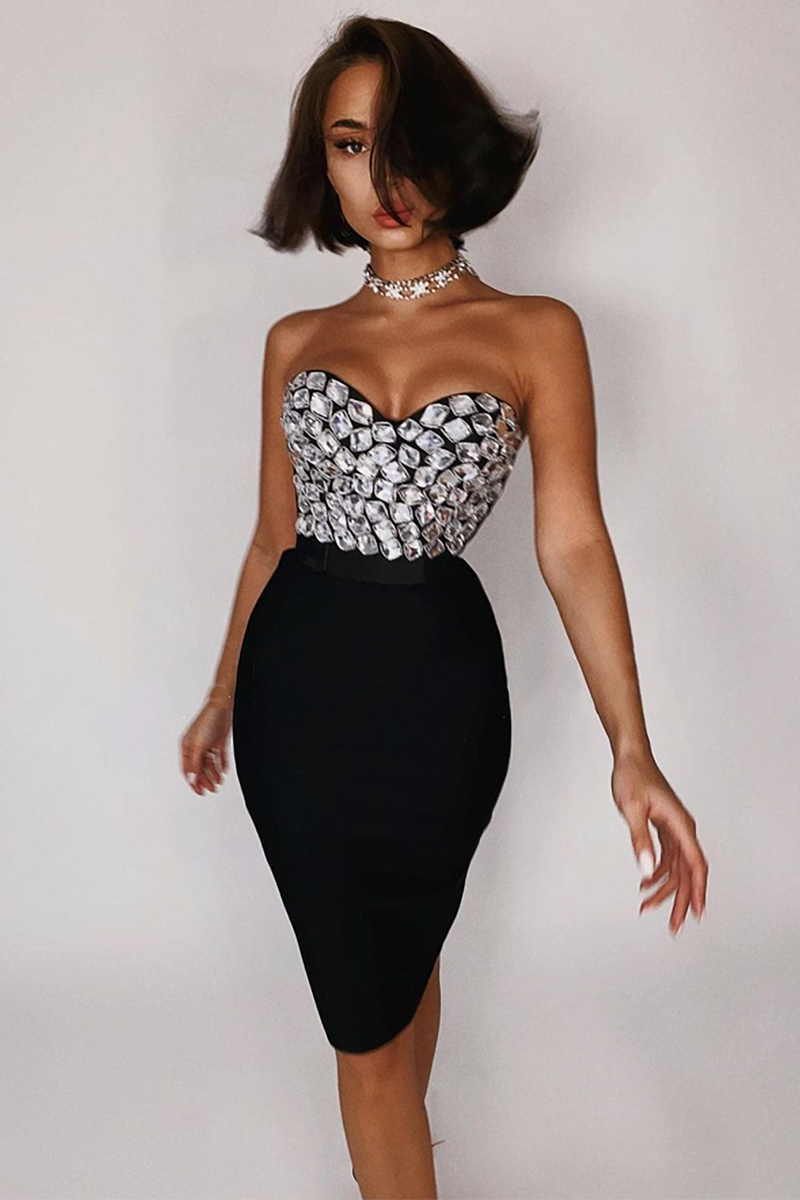 Beaded Strapless Top and Knee-length Skirt Bandage Two Piece Set - IULOVER