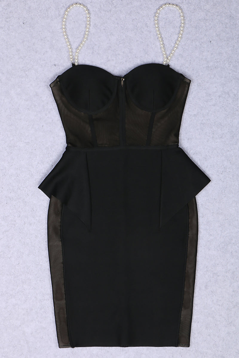 Black Beading Straps Mesh Hollow Out Bandage Dress