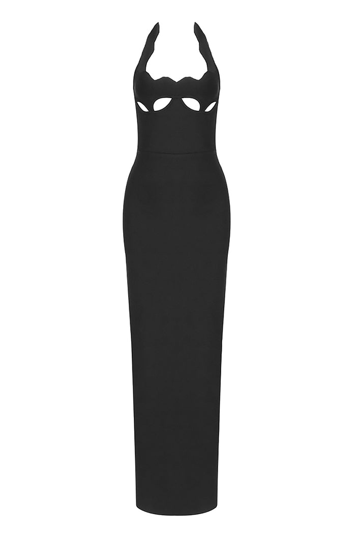 Vestido largo negro de noche de celebridades sin espalda con cuello halter ahuecado