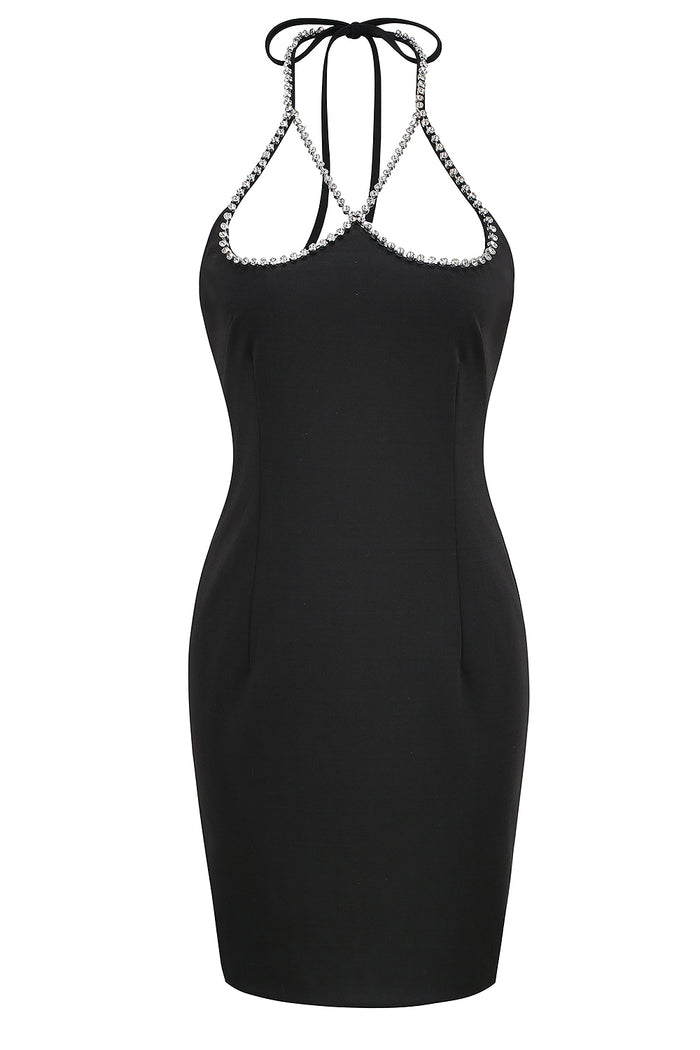 Black Halter Crystal Backless Hollow Mini Dress