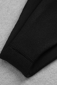 Vestido de bandagem de malha de celebridade com decote alto e mangas compridas em branco preto