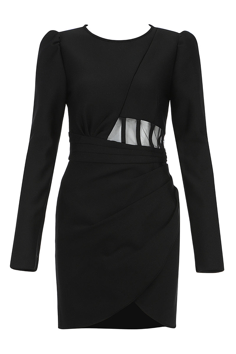 Black Full Sleeves Mesh Hollow Out Mini Bandage Dress - IULOVER