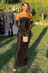 Leopard Off The Shoulder Figure Hugging Gown And Evening Gloves In Black