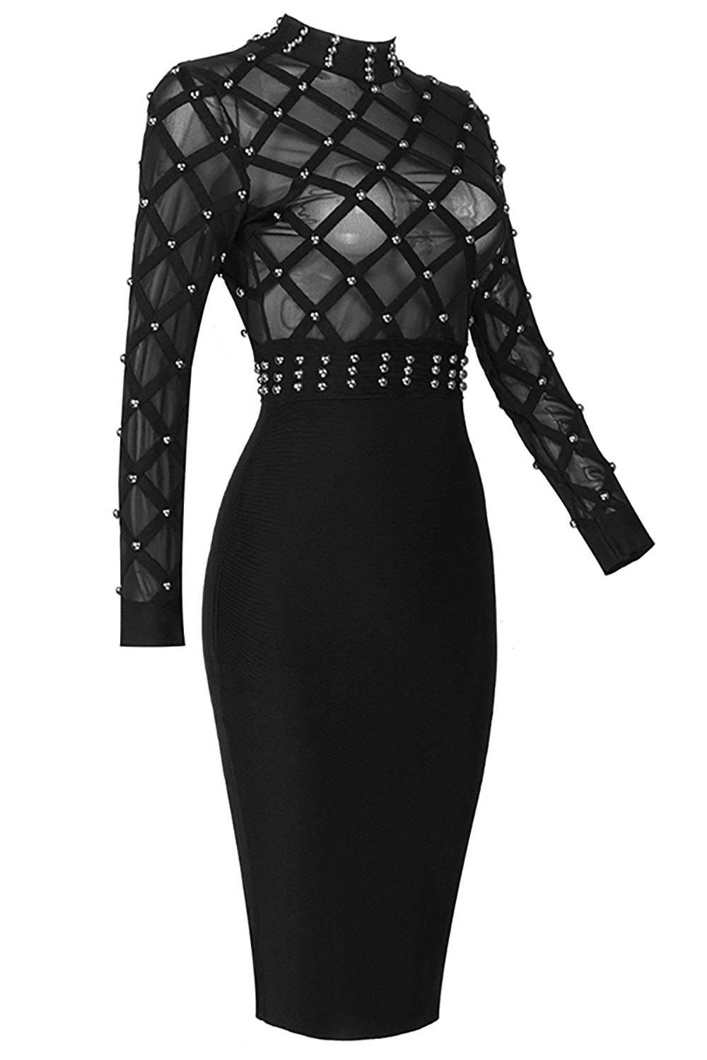 Black Long Sleeve Beading Mesh Bead Midi Bandage Dress - IULOVER