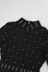Black Long Sleeve Beading Mesh Bead Midi Bandage Dress - IULOVER