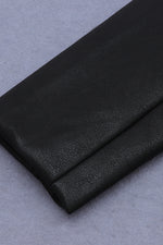 Black PU Deep V Neck Long Sleeve Belt Dress - IULOVER