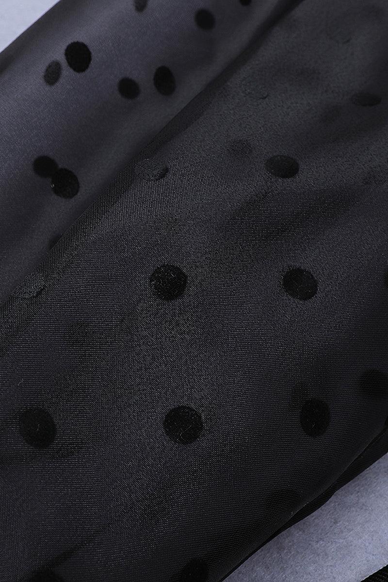 Black Mesh Dot Puff Sleeves Knee Length Bandage Dress - IULOVER