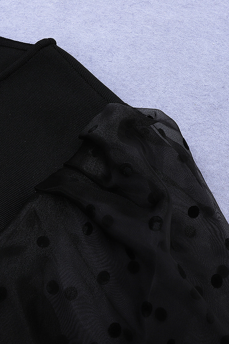 Long Sleeve O Neck Mesh Dot Black Midi Bandage Dress - IULOVER