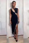 Black O Neck Cutout Crystal Split Bandage Dress