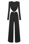 O Neck Long Sleeve Hollow Backless Wide Leg Jumpsuit In Black