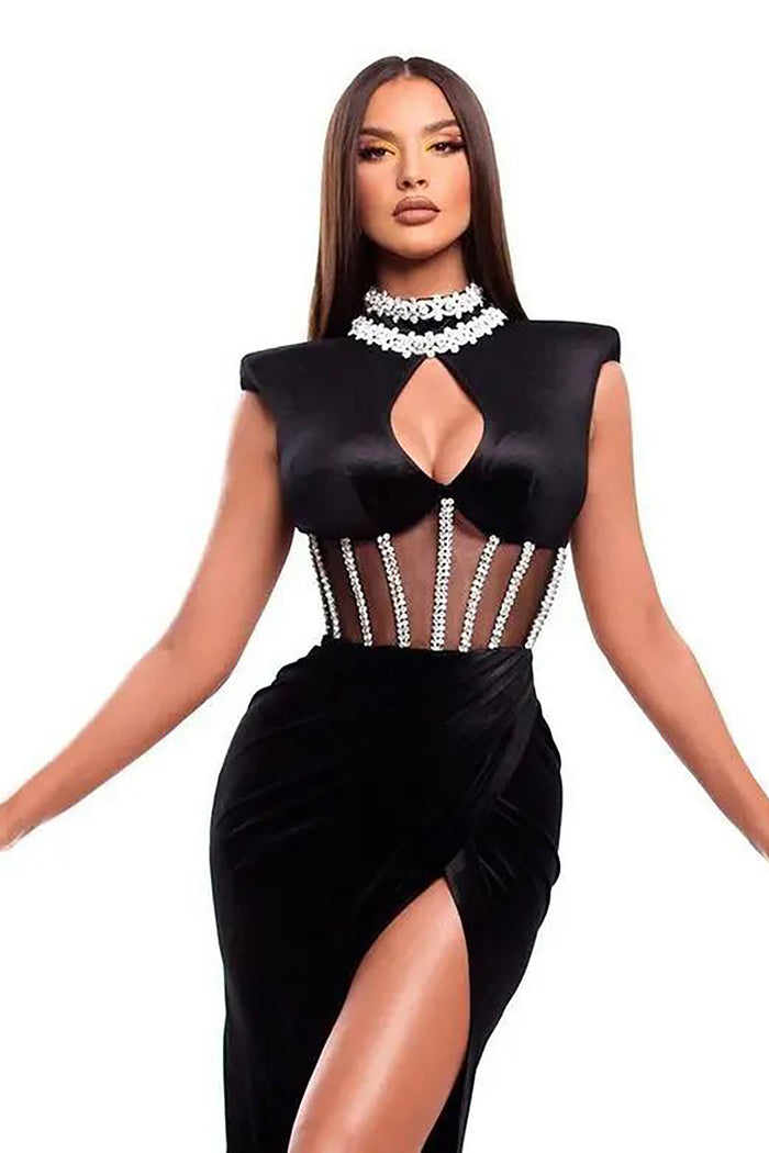 Black O Neck Mesh Hollow Crystal High Slit Bandage Dress