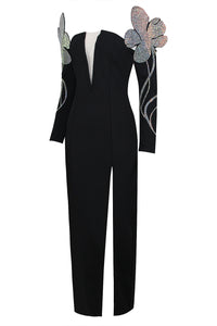 Vestido longo preto com bandagem de cristal com ombro de fora e divisão alta