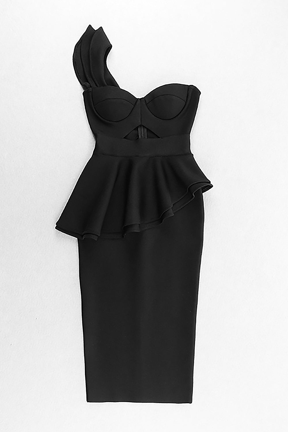 Black One-Shoulder Ruffle Hollow Bandage Dress