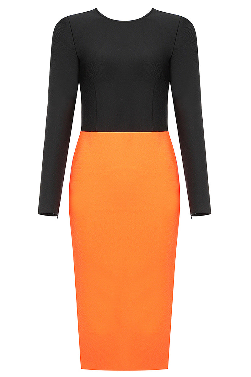 Black Orange Patchwork O-Neck Long Sleeves And Back Zipper Bandage Dress - IULOVER