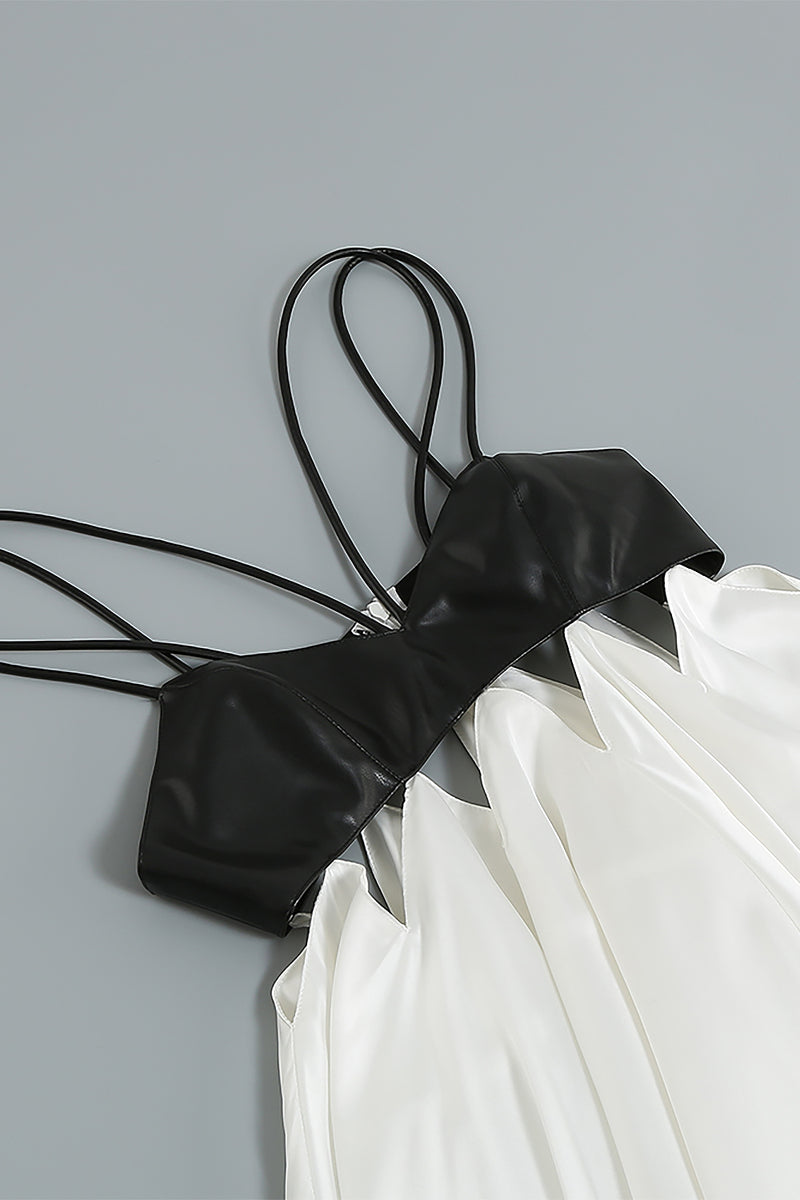 Black PU Strappy V-neck White Fluffy Dress