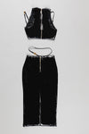 Black PU Two Piece Set Lace Up Top & Pencil Long Skirt