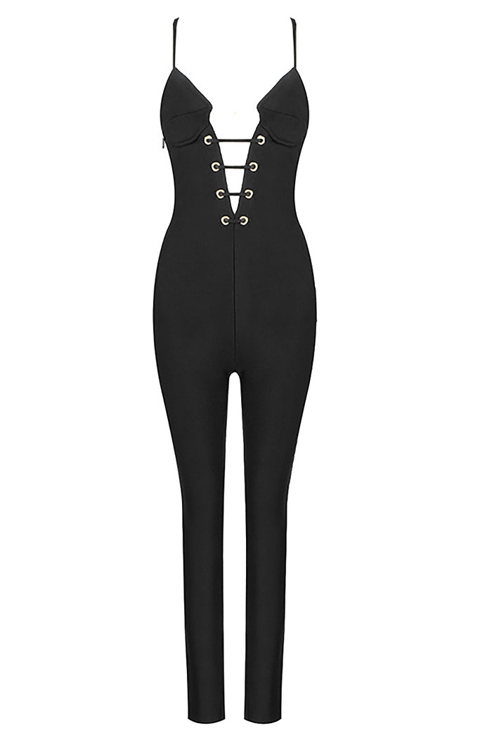 Kylie Jenne - Black Plunging Corset Lace-up Jumpsuit