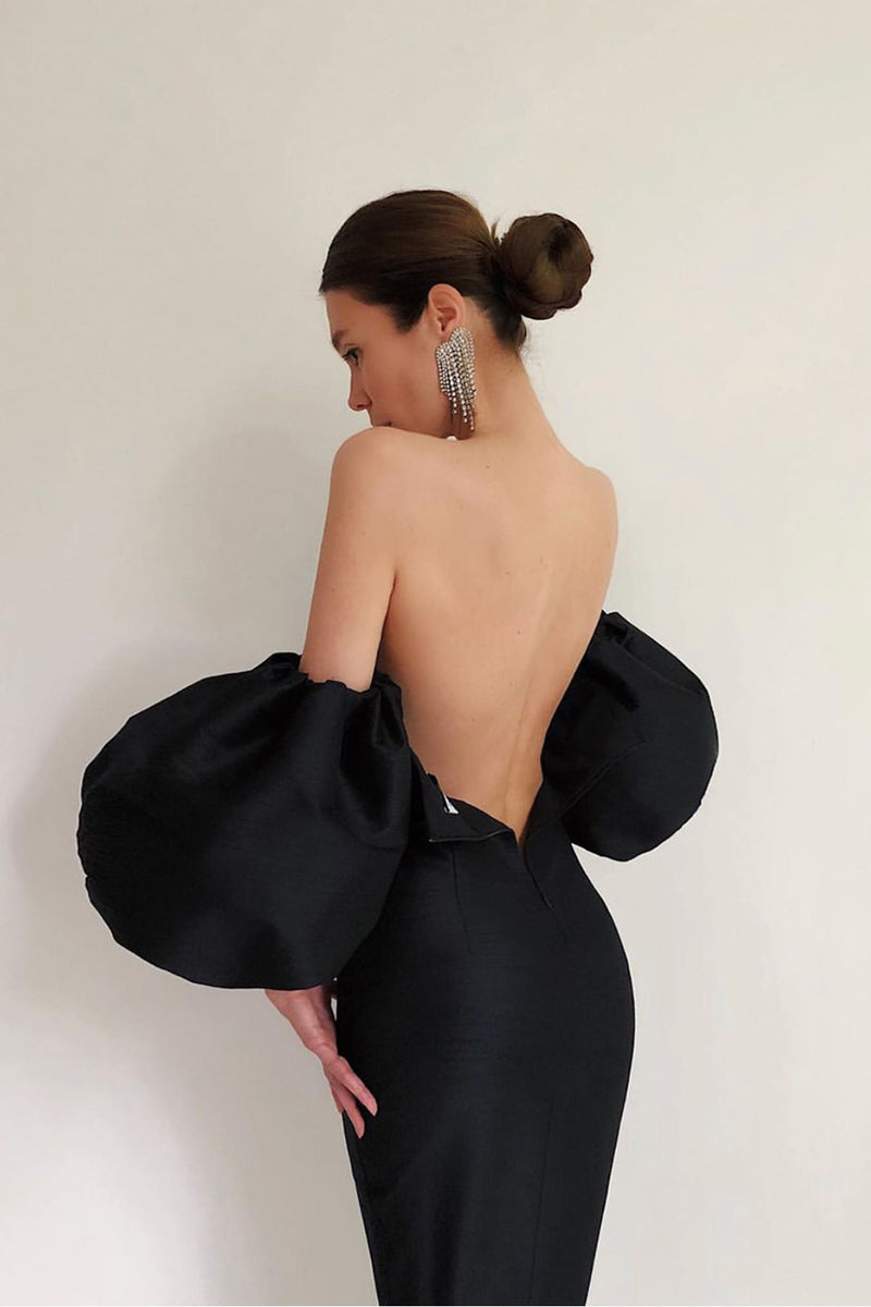 Black Puff Sleeves Off Shoulder Backless Midi Dress - IULOVER