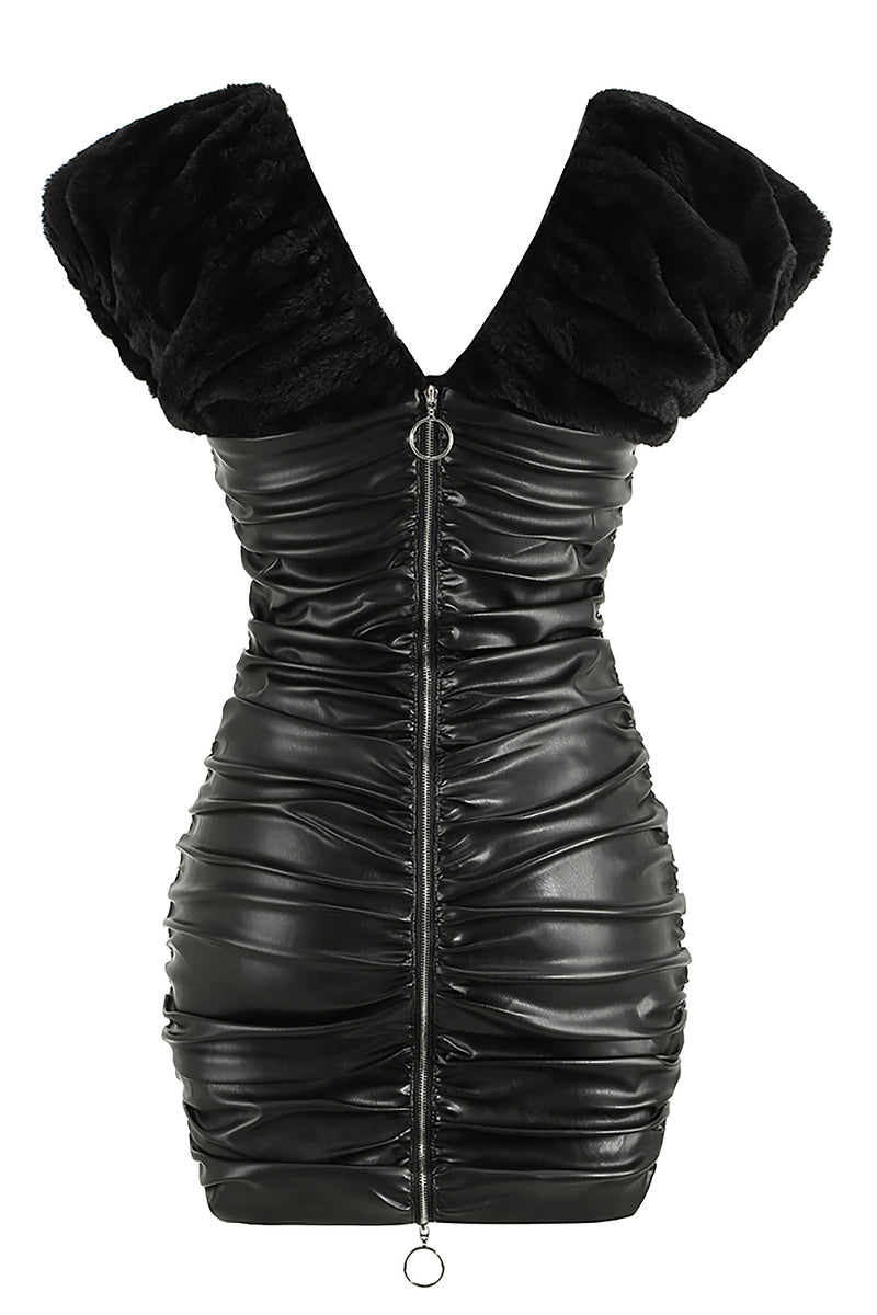 Black Ruched Shawl Leather Coat Dress