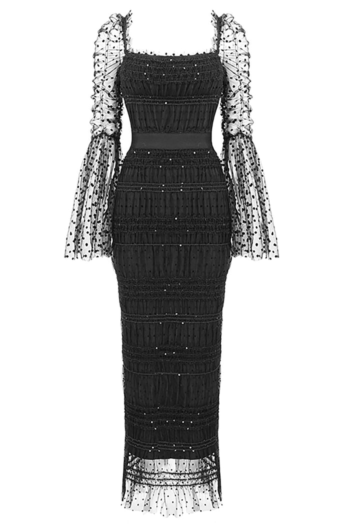 Black Sequin Dot Mesh Midi Dress