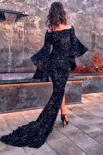 Black Sequins Full Flare Sleeves V Neck Gown
