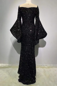 Black Sequins Full Flare Sleeves V Neck Gown
