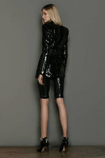 Black Shiny Sequin V-neck Long Sleeve Two-piece Blazer Set - IULOVER