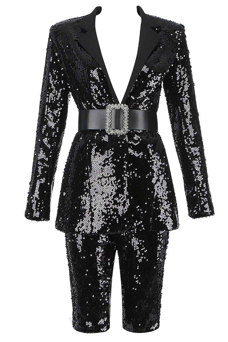 Black Shiny Sequin V-neck Long Sleeve Two-piece Blazer Set - IULOVER