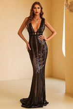 Sleeveless Strappy Deep V Sequins Gowns in Black Green Burgundy
