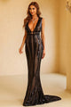 Sleeveless Strappy Deep V Sequins Gowns in Black Green Burgundy