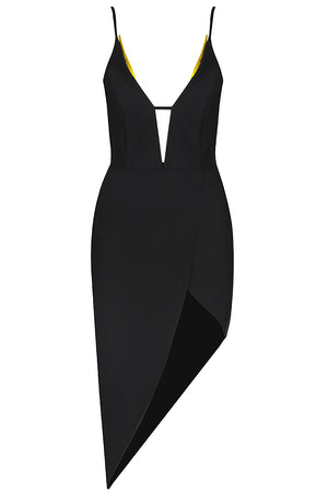 Vestido vendaje asimétrico hueco con tirantes finos negro