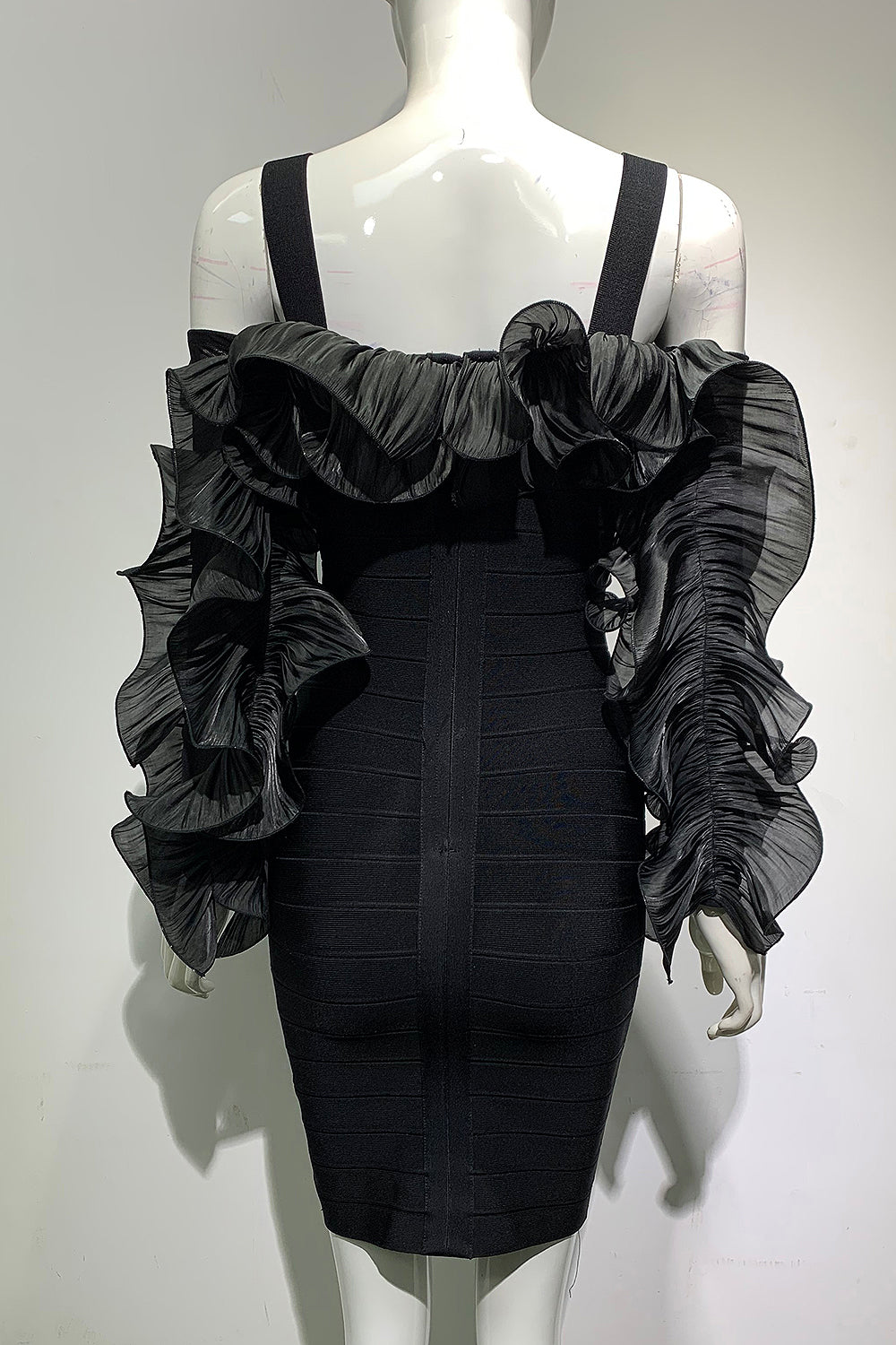 Black Spaghetti Straps Ruffle Bandage Dress