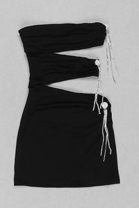 Mini vestido negro sin tirantes con borlas de cristal ahuecadas