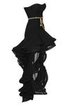 Black Strapless Mesh Multi Layer Ruffle Irregular Maxi Bandage Dress