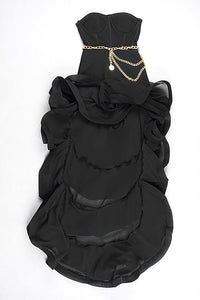 Vestido de bandagem maxi irregular com babado de múltiplas camadas de malha preta sem alças