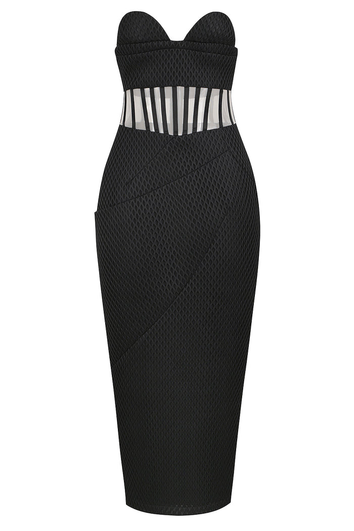 Strapless Ruffle Mesh Slim Midi Dress