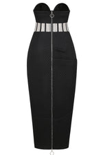Black Strapless Ruffle Mesh Slim Midi Dress