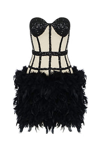 Strapless Sequin Mesh Feather Mini Dress In Black