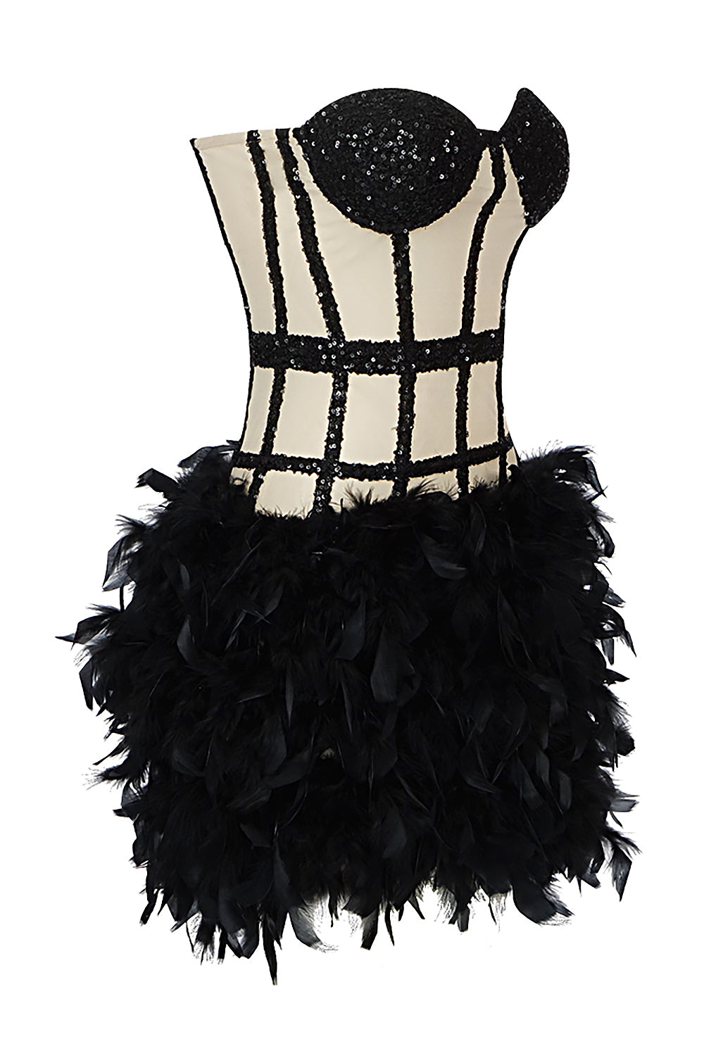 Mini vestido de penas de malha de lantejoulas sem alças em preto