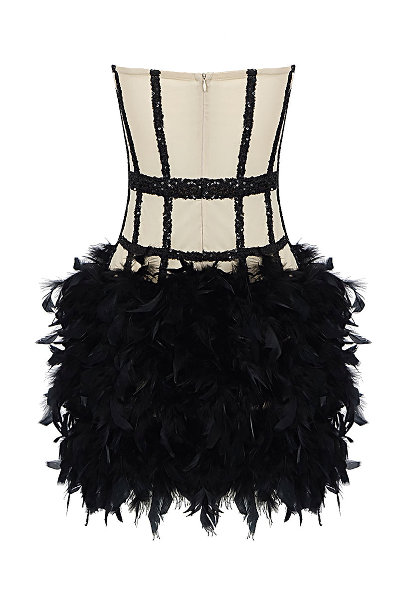 Strapless Sequin Mesh Feather Mini Dress In Black