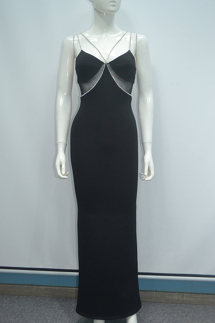 Black Strappy Backless Crystal Maxi Bandage Dress