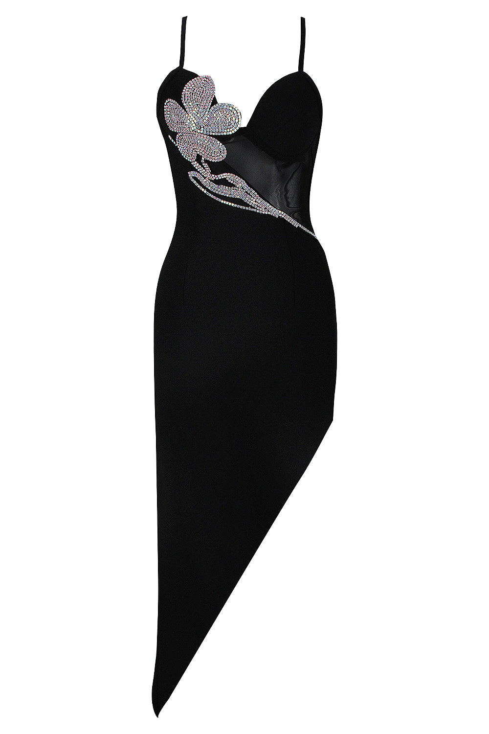 Vestido midi preto com tiras de cristal e flor lateral dividida